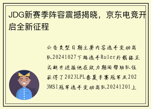 JDG新赛季阵容震撼揭晓，京东电竞开启全新征程